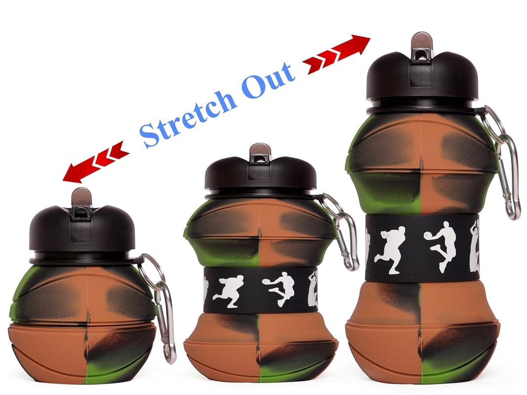 BPA-free and easy-to-clean foldable water bottle for children in Ahmedabad, featuring a cool basketball pattern and convenient carabiner clip for backpacks.